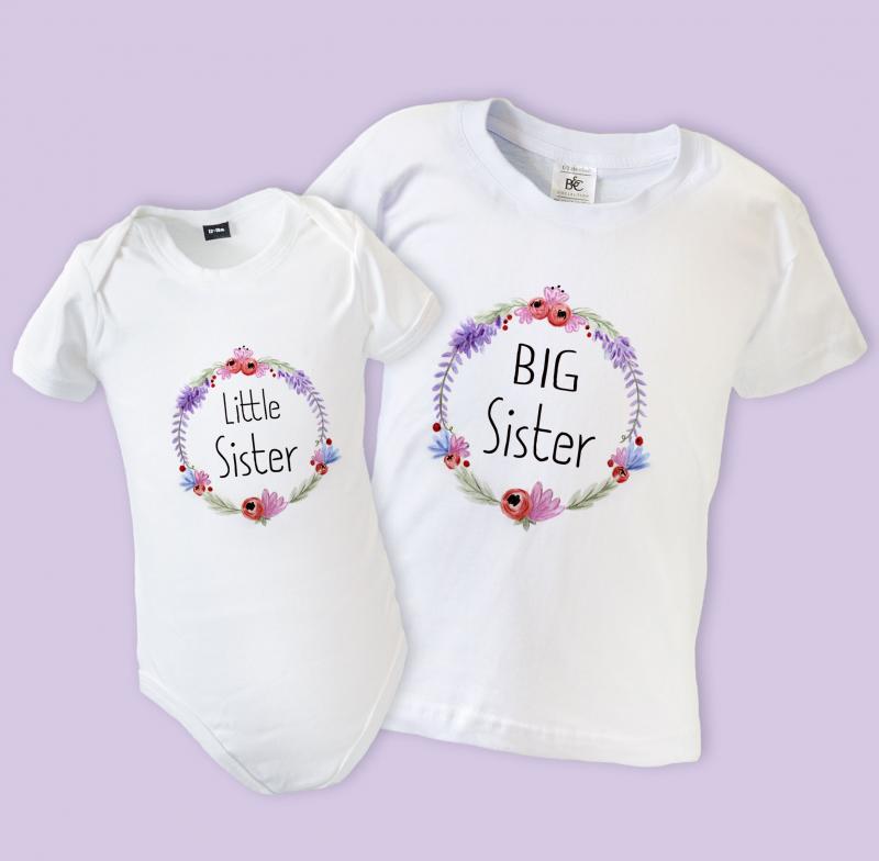 Big Sister Little Sister T Shirt Babygrow Floral Design SHORT WithCongratulations