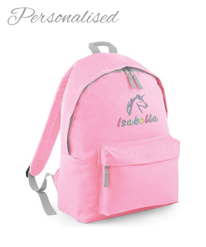 Personalised Rainbow Unicorn Girls Light Pink School Rucksack