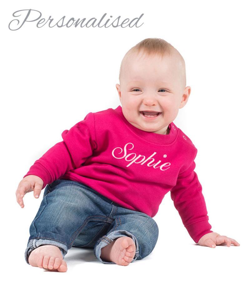 Personalised Embroidered Baby Sweatshirt Hot Pink WithCongratulations