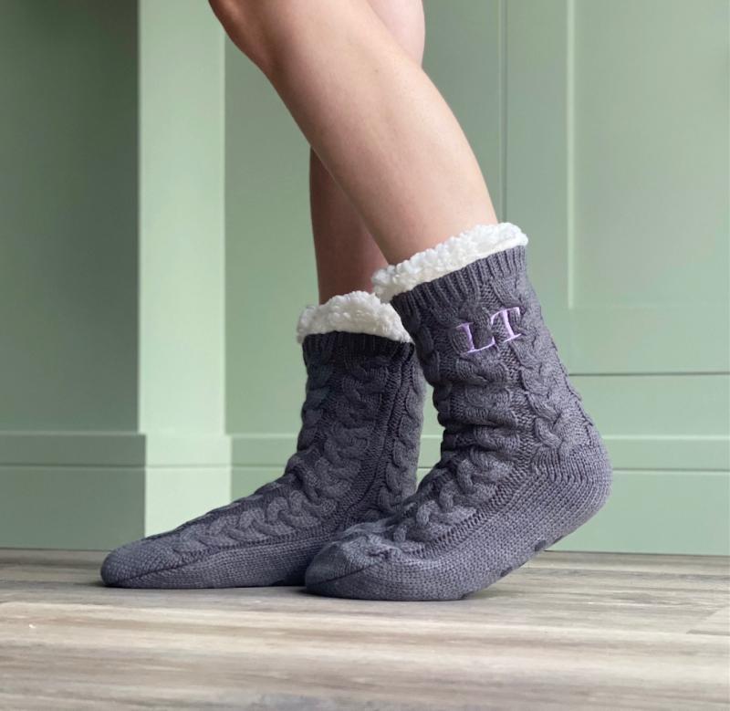 Personalised Cable Knit Slipper Socks with Fluffy Sherpa Lining and Rubber  Soles, Monogrammed Slipper Socks, Womens Slipper